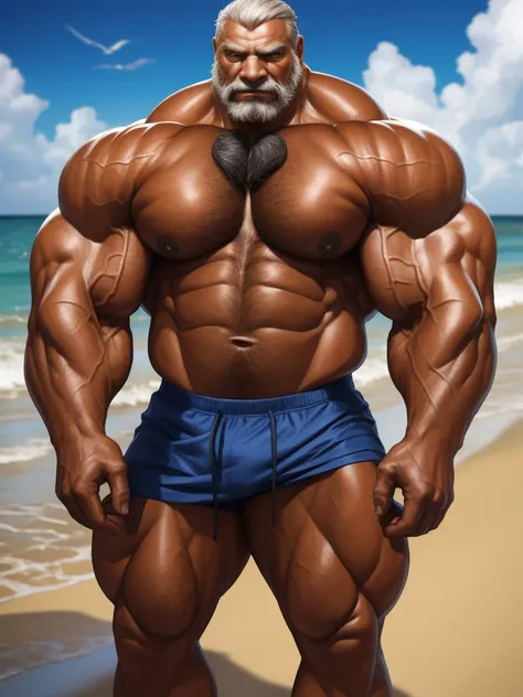 realistic, hyper realistic, detailed muscle, good anatomi, masterpiece, art winner, beach, extremely huge muscular, massive muscular, full-body, well-muscled old man. ((extremely muscle size, super thick arms, huge pec, extremely wide pectoral , huge arms)...