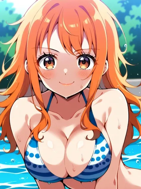 1girl, solo, breasts, long_hair, looking_at_viewer, orange_hair, smile, pool, cleavage, swimsuit, nami_(one_piece), brown_eyes, closed_mouth, large_breasts, upper_body, one-piece_swimsuit, water, blurry_background, wet, lips, bare_shoulders, bangs, blurry