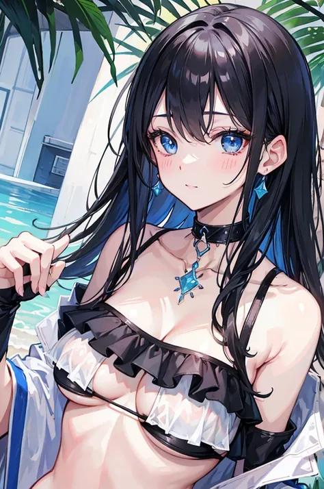 (masterpiece), best quality, expressive eyes, perfect face, black hair, blush, black choker, blue eyes, shoulder showing, happy, chest showing, bikini