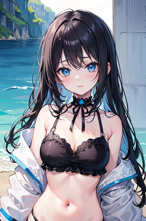 (masterpiece), best quality, expressive eyes, perfect face, black hair, blush, black choker, blue eyes, shoulder showing, happy, chest showing, bikini