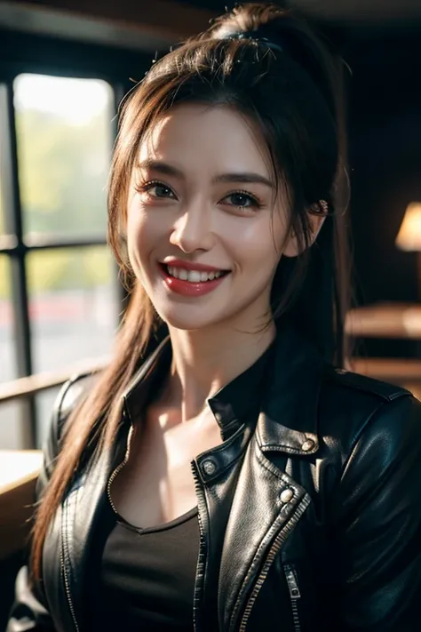 a gorgeous middle-aged busty woman, ponytail, leather jacket, lady bikers, motosport, beautiful smile showing teeth, pov, lover, cinematic lighting, (best quality,4k,8k,highres,masterpiece:1.2),ultra-detailed,(realistic,photorealistic,photo-realistic:1.37)...