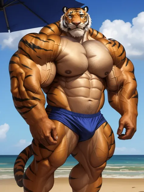 realistic, hyper realistic, detailed muscle,(furry tiger), good anatomy, masterpiece, art winner, beach, extremely huge muscular, massive muscular, full-body, well-muscled old man. ((extremely muscle size, super thick arms, huge pec, extremely wide pectora...