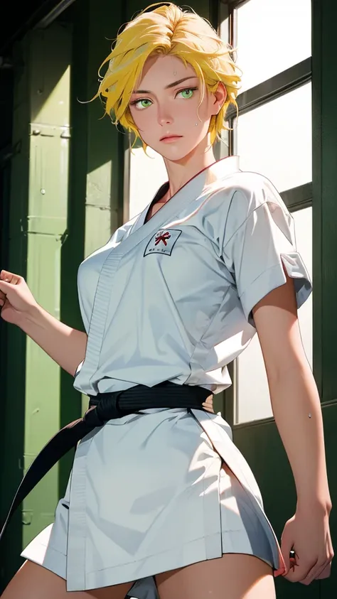 ((((masterpiece, best quality, high resolution)))), Extremely detailed 8K, 1 female, wearing a white Karate gi, (Ultra HD, Ultra-detailed, Highly detailed, Highly realistic, Ultra-realistic, photograph realistic), (1girl:1.5), (Realistic yellow hair), (dyn...