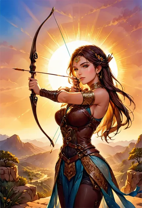 a watercolor illustration of a exquisite beautiful female archer, (silhouette artwork: 1.3), ready for action as the sun rises, fantasy art, ), sun rising behind the archer, ready to act,  ultra feminine, with a long curvy hair, dynamic clothing, intricate...