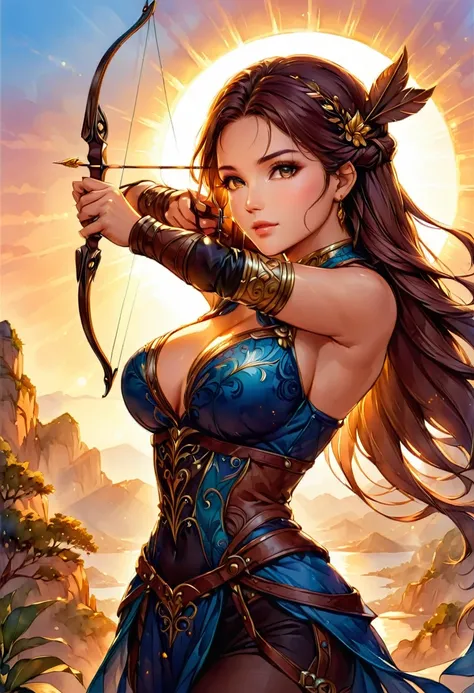 a watercolor illustration of a exquisite beautiful female archer, (silhouette artwork: 1.3), ready for action as the sun rises, fantasy art, ), sun rising behind the archer, ready to act,  ultra feminine, with a long curvy hair, dynamic clothing, intricate...