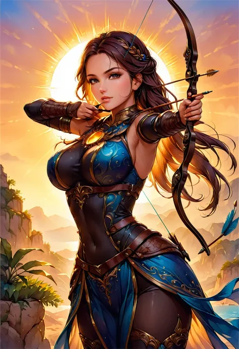 a watercolor illustration of a exquisite beautiful female archer, (silhouette artwork: 1.3), ready for action as the sun rises, fantasy art, ), sun rising behind the archer, ready to act,  ultra feminine, with a long curvy hair, dynamic clothing, intricate...