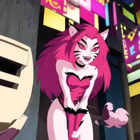 NyaNya,   1girl, solo, pink eyes, pink hair, pink skin, long hair, cat ears, pink sclera, cat tail, claws,  slit pupils, pink lips, whisker markings, pink leotard, fangs, bare shoulders, choker,