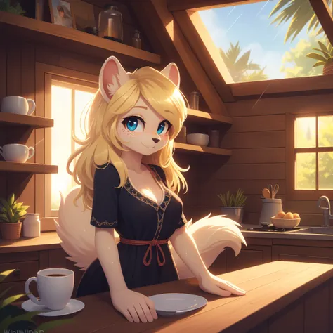 minerva, medium breast,
(detailed blonde hair:1.4), (detailed perfect eyes:1.2), white fur, (detailed fluffy fur:1.2), perfect hourglass body, mink snout, (long fluffy blonde tail:1.3), beautiful black eyes, relaxed pose, looking at viewer,
(freckles:1.2),...