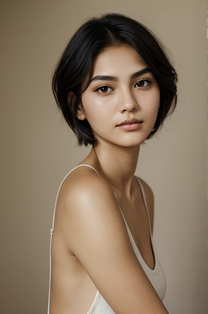 Make a portrait of a 22 year old girl with short hair, the mother, mexican, brown eyes and hair, beautiful, tall and thin, marked cheekbones, square chin, thin lips, nariz beautiful, slightly round eyes thin but very black eyebrows 