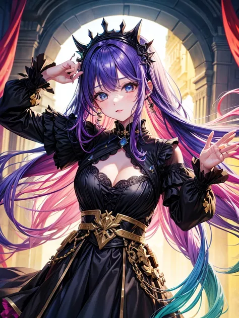 fantasy world girl with colorful hair, accessories, detailed black outfit 