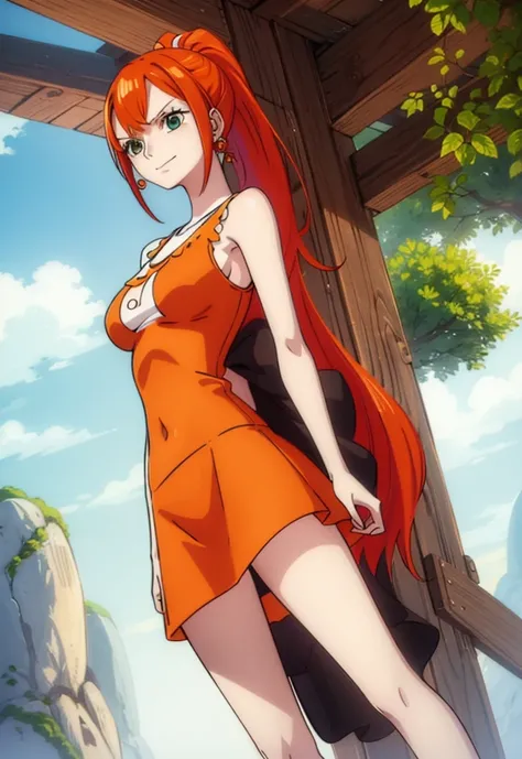 1girl, orange_hair, nami_(one_piece), solo, earrings, jewelry, long_hair, fruit, food, looking_at_viewer, upper_body, orange_(fruit), breasts, leaf, sleeveless, closed_mouth, tank_top, brown_eyes, bare_shoulders, hair_ribbon, smile, bangs, outdoors, arms_b...