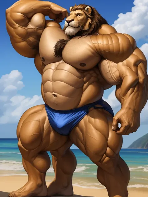 realistic, hyper realistic, detailed muscle,(furry lion), good anatomy, masterpiece, art winner, beach, extremely huge muscular, massive muscular, full-body, well-muscled old man. ((extremely muscle size, super thick arms, huge pec, extremely wide pectoral...