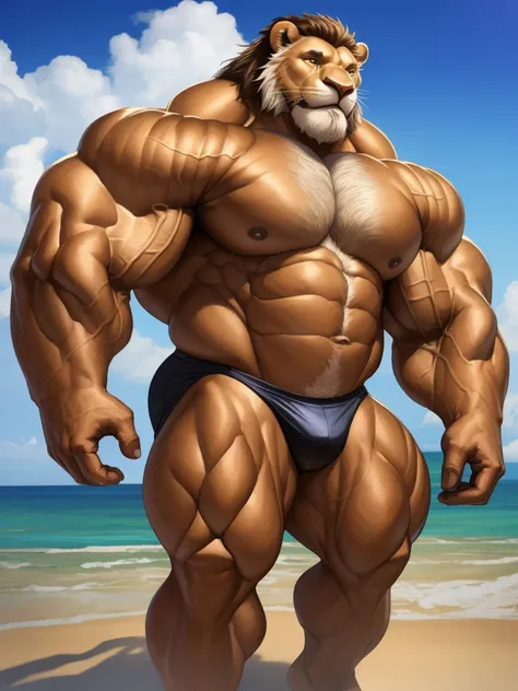 realistic, hyper realistic, detailed muscle,(furry lion), good anatomy, masterpiece, art winner, beach, extremely huge muscular, massive muscular, full-body, well-muscled old man. ((extremely muscle size, super thick arms, huge pec, extremely wide pectoral...