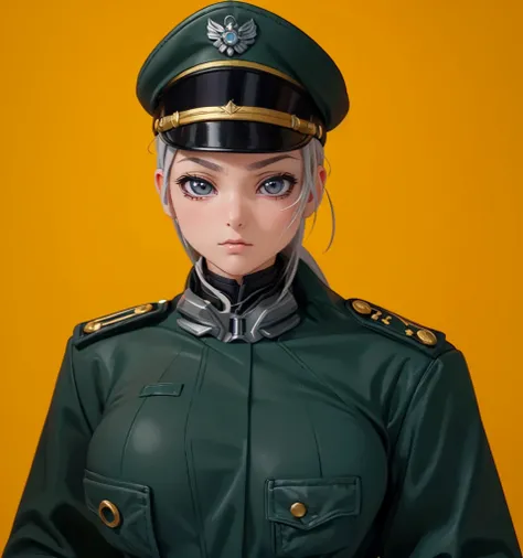 (1girl:1.3), (exceptional, best aesthetic, new, newest, best quality, anime, waifu:1.2), master piece, best quality, ultra detailed, absurdres, highres, colored, good anatomy, grey hair, thin body, woman breast, sexy, military uniform, peak cap, no insigni...