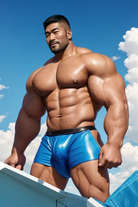 There is only one handsome Asian actor in the photo，35 years old，High target, Fitness，short hair, O-Shaped Beard，Perfect body, Dark skin color，Radiant Skin，Smooth skin，Muscle bulge, muscular, Very large pectoral muscles，Very sexy abdominal muscles，Very wel...