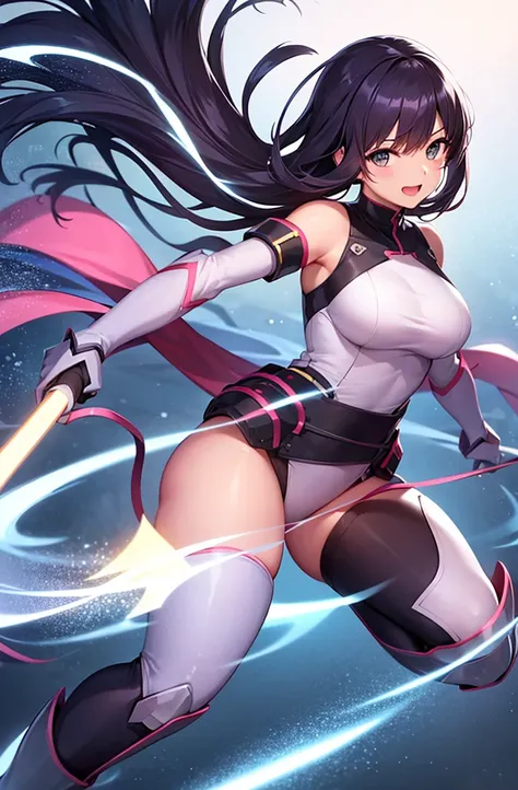 最high quality, high quality, 8K、High resolution,Highest quality、solo、A large-bodied heroine of justice wearing a pink battle suit、Black Hair, Open Mouth Smile, Thighs