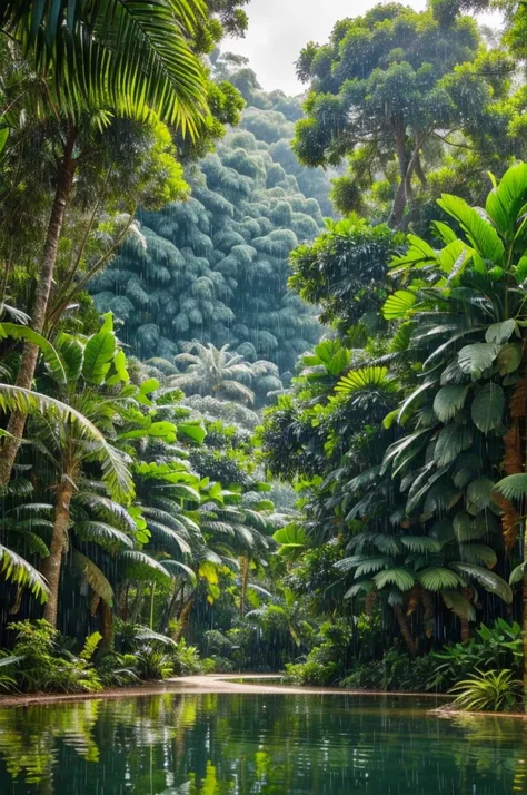 A jungle with a rainy climate and many trees with palms and a lot of liana and climbing plants a lake with freshwater fish insects on the trees and birds flying