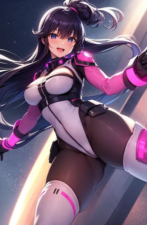 最high quality, high quality, 8K、High resolution,Highest quality、solo、A large-bodied heroine of justice wearing a pink cyber suit、Black Hair, Open Mouth Smile, Thighs