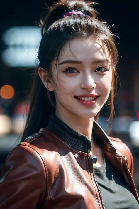 a gorgeous busty woman, ponytail, leather jacket, lady bikers, motosport, beautiful smile showing teeth, pov, lover, cinematic lighting, (best quality,4k,8k,highres,masterpiece:1.2),ultra-detailed,(realistic,photorealistic,photo-realistic:1.37),HDR,UHD,stu...