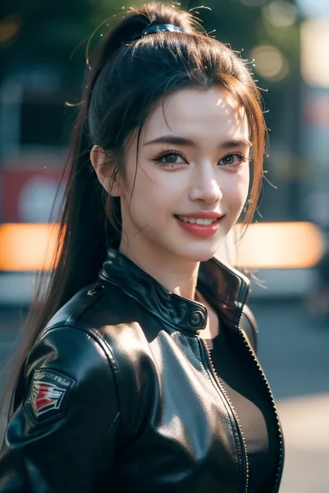 a gorgeous busty woman, ponytail, leather jacket, lady bikers, motosport, beautiful smile showing teeth, pov, lover, cinematic lighting, (best quality,4k,8k,highres,masterpiece:1.2),ultra-detailed,(realistic,photorealistic,photo-realistic:1.37),HDR,UHD,stu...