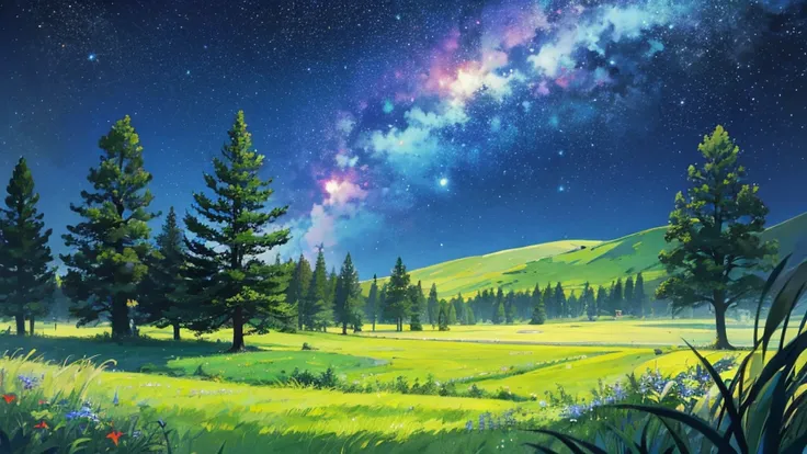 Dreamy night meadow、Summer grassland、trees in the distance々have、moonlight、Starry sky width 1284 height 2778 