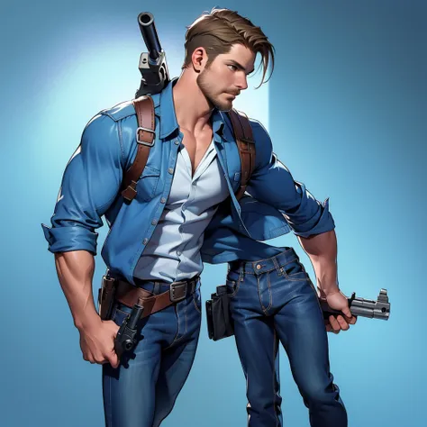 1 man, male focus solo, middle aged man,Stephen AMELL as private investigator,  lean muscle,very  light blue shirt, brown leather shoulder holster, faded vintage blue jeans with bulge, full body shot, dark blond  short hair, facial hair, holding a gun with...