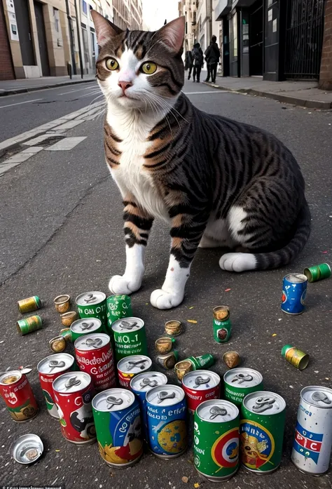 Environmental issues,SDGs, Super Long Shot,Innovative and surreal art, A large number of empty cans scattered on the street, A cat&#39;s face made from empty cans, A  collecting them