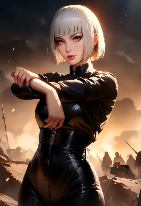 (masterpiece), (best quality), realistic, cinematic light, Hinata from Naruto, cool pose, battlefield background, perfect body, white eyes, white bobcut hair