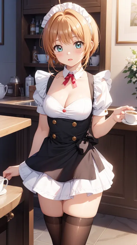 masterpiece, best quality, highres, 1girl, detailed face, blush, anime CG style, (medium breasts), (18 year old girl:1.3), (aged up), good lighting, perfect body, sakura kinomoto, glossy lips, cleavage, (curvy), cafe, maid, short puffy sleeves, small maid ...