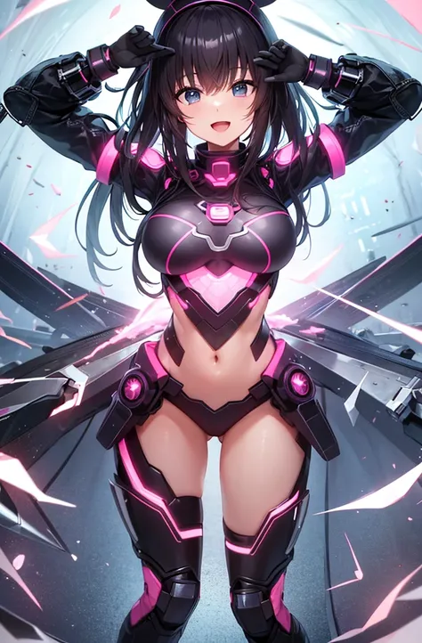 最high quality, high quality, 8K、High resolution,Highest quality、solo、A heroine of justice in a pink cyber suit、Black Hair, Open Mouth Smile, Thighs