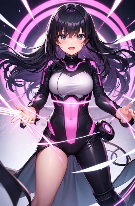 最high quality, high quality, 8K、High resolution,Highest quality、solo、A heroine of justice in a pink cyber suit、Black Hair, Open Mouth Smile, Thighs