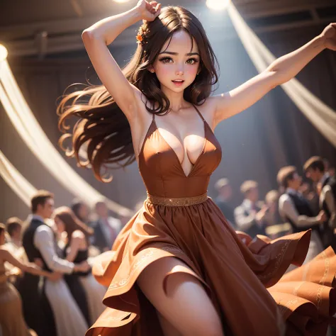 Brown haired girl with brown eyes, with breasts in an elegant dress at a party dancing to the rhythm of music, happy