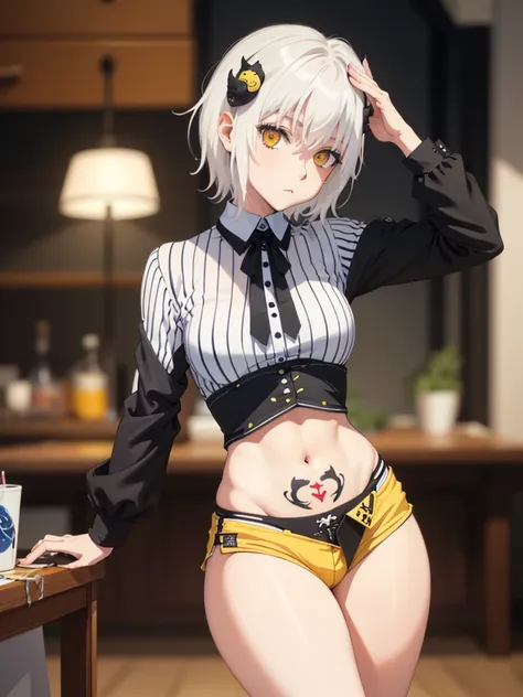 masterpiece, short shorts, masterpiece, best quality, highres, dark persona, watercolor painting theme, (looking at the viewer: 1.1), wide hips, big ass, standing, bent, tojou koneko, yellow eyes, white hair, short hair, hair ornament, white shirt, black r...