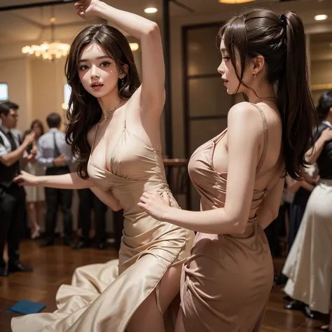 Brown haired girl with brown eyes, with breasts in an elegant dress at a party dancing to the rhythm of music, happy