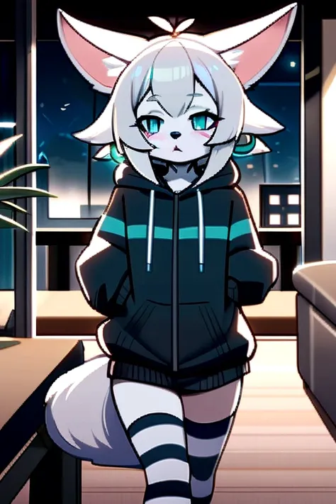 A fluffy white male anthropomorphic fennec fox furry boy with long droopy ears and teal hoop earrings with a black hoodie and dark teal stripey thigh highs lifting up his hoodie to show penis