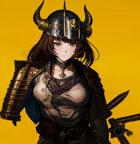 (1girl:1.3), (exceptional, best aesthetic, new, newest, best quality, anime, waifu:1.2), master piece, best quality, ultra detailed, absurdres, highres, colored, good anatomy, brown hair, woman breast, sexy, Japanese armor, steel helmet, horns on helmet, t...