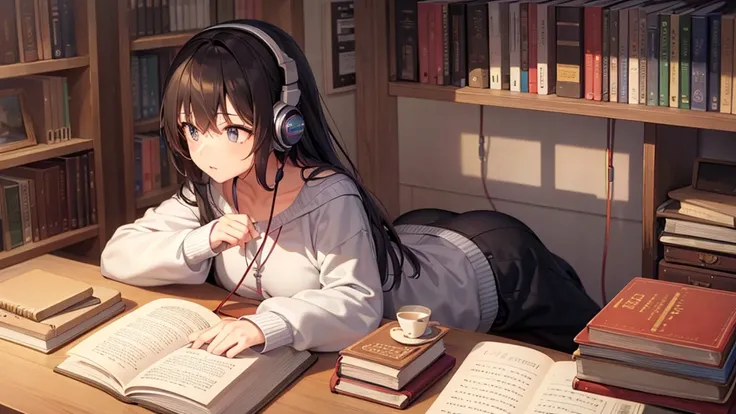 Girl listening to music with headphones in her room at home　i am studying　Open a book
