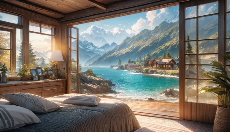 Holiday Homes, Big windows and beautiful views,Wooden lodge,Inside the room,Blur the background,Pleasant sea breeze,Glitter effect,Highest quality, 8K, High resolution, masterpiece:1.2, Very detailed, Realistic:1.37, High resolution, 超High resolution, Ultr...