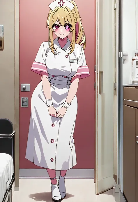 Blonde、nurse、injection、Highest quality、high resolution、8K,Highest quality、Star-shaped pupil、The best smile、long hair、Pink Eyes、ponytail、Full body photo、One person