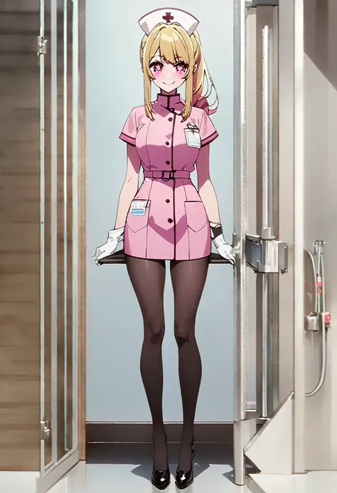 Blonde、nurse、injection、Highest quality、high resolution、8K,Highest quality、Star-shaped pupil、The best smile、long hair、Pink Eyes、ponytail、Full body photo、One person