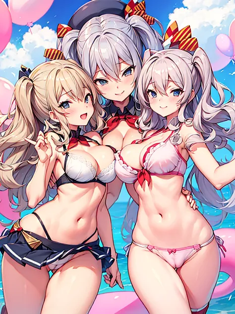 (kancolle, kashima), pastel colered bra, pastel colered thong, flamed nipples, groin, cameltoe, double breasted, cleavage, trouble eyeblow, kind smile, open arms, navel,