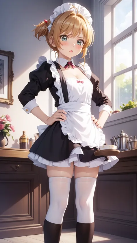 masterpiece, best quality, highres, 1girl, detailed face, blush, anime CG style, (medium breasts), (18 year old girl:1.3), (aged up), good lighting, perfect body, sakura kinomoto, glossy lips, cleavage, (curvy), cafe, maid, short puffy sleeves, small maid ...