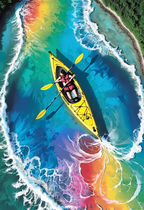 a kayak in the water, in the style of optical color mixing, aerial view, rainbowcore, national geographic photo, 8k resolution, crayon art, interactive artwork