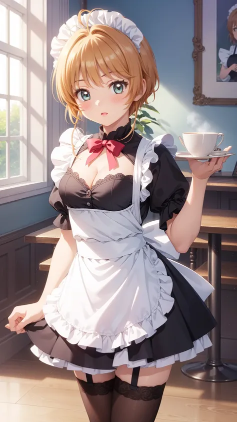 masterpiece, best quality, highres, 1girl, detailed face, blush, anime CG style, (medium breasts), (18 year old girl:1.3), (aged up), good lighting, perfect body, sakura kinomoto, glossy lips, cleavage, (curvy), cafe, maid, short puffy sleeves, small maid ...