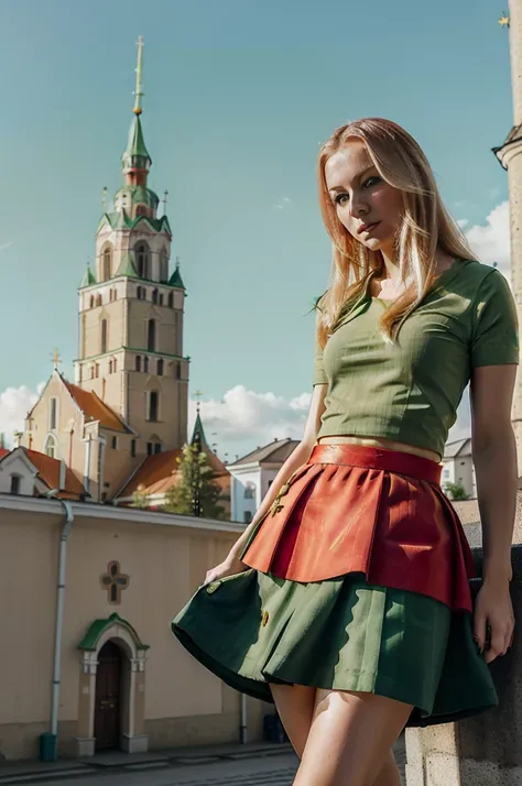 Lituania, pretty women blonde, ((In Vilnius City)), (((the Vilnius cathedrale tower))), (((wear a green top)), (((wear a red skirt)))