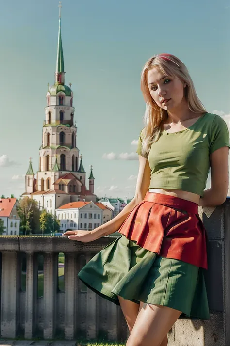 lituania, pretty women blonde, ((in vilnius city)), (((the vilnius cathedrale tower))), (((wear a green top)), (((wear a red ski...