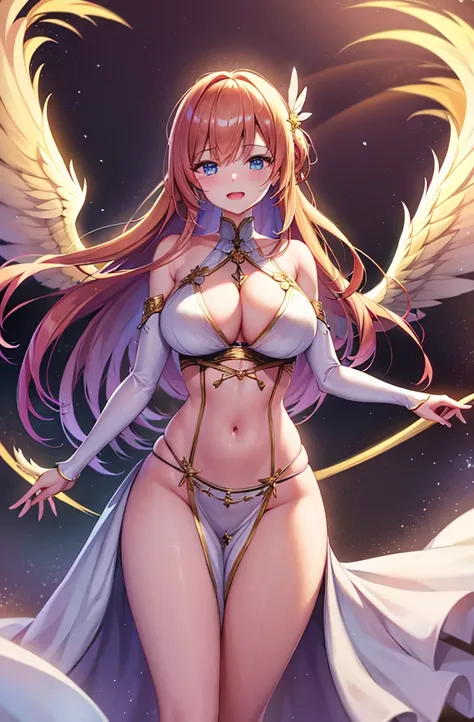 最high quality, high quality, 8K、High resolution,Highest quality、solo、大喜びをしている胸に翼のある白いビキニ姿のtallのadult female angel、belly button、Thighs、tall、super Wide Angel, Open Mouth Smile、Thighs、Naturally Shaped Fingers、Long neck、from the front、Looking at this、belly but...