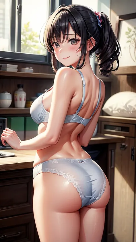 high resolution, ultra-sharp, 8k, Masterpiece, Mizuhara Chizuru , looking at the viewer, Photography from behind, thick ass, wearing white underwear, seductive smile, beautiful face, ashamed, ashamed, hands on the