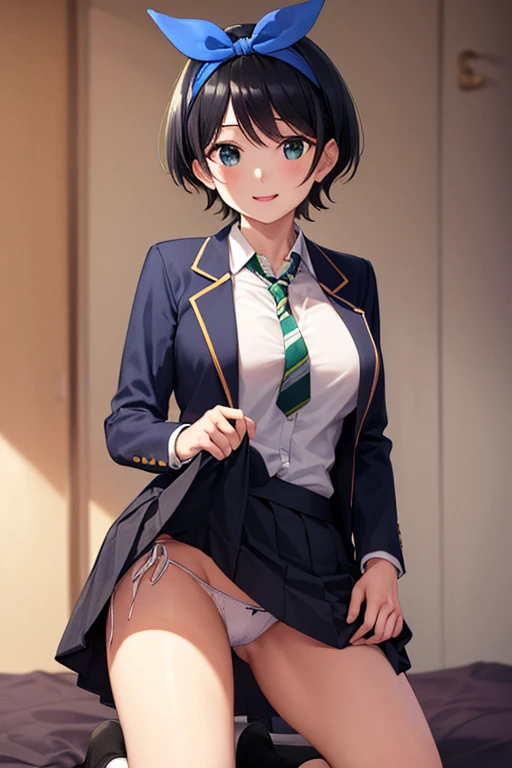 masterpiece, best quality,high resolution、realistic、Detailed、((extremely delicate and beautiful fabric):1.3)、 8k、large boob、 1girl, solo, skirt, jacket, shirt, blue eyes, white shirt, necktie, green necktie, black hair, pleated skirt, socks, diagonal-strip...