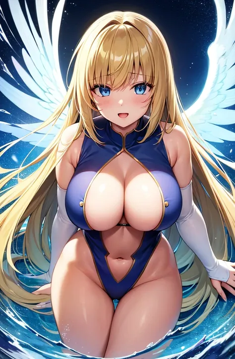 最high quality, high quality, 8K、High resolution,Highest quality、solo、大喜びをしている胸に翼のある白いビキニ姿のtallのadult female angel、belly button、Thighs、tall、super Wide Angel, Open Mouth Smile、Thighs、Naturally Shaped Fingers、Long neck、from the front、Looking at this、belly but...